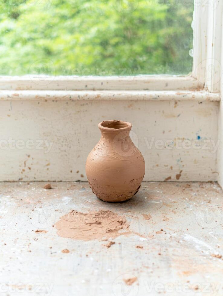 Handmade clay vase on windowsill photo