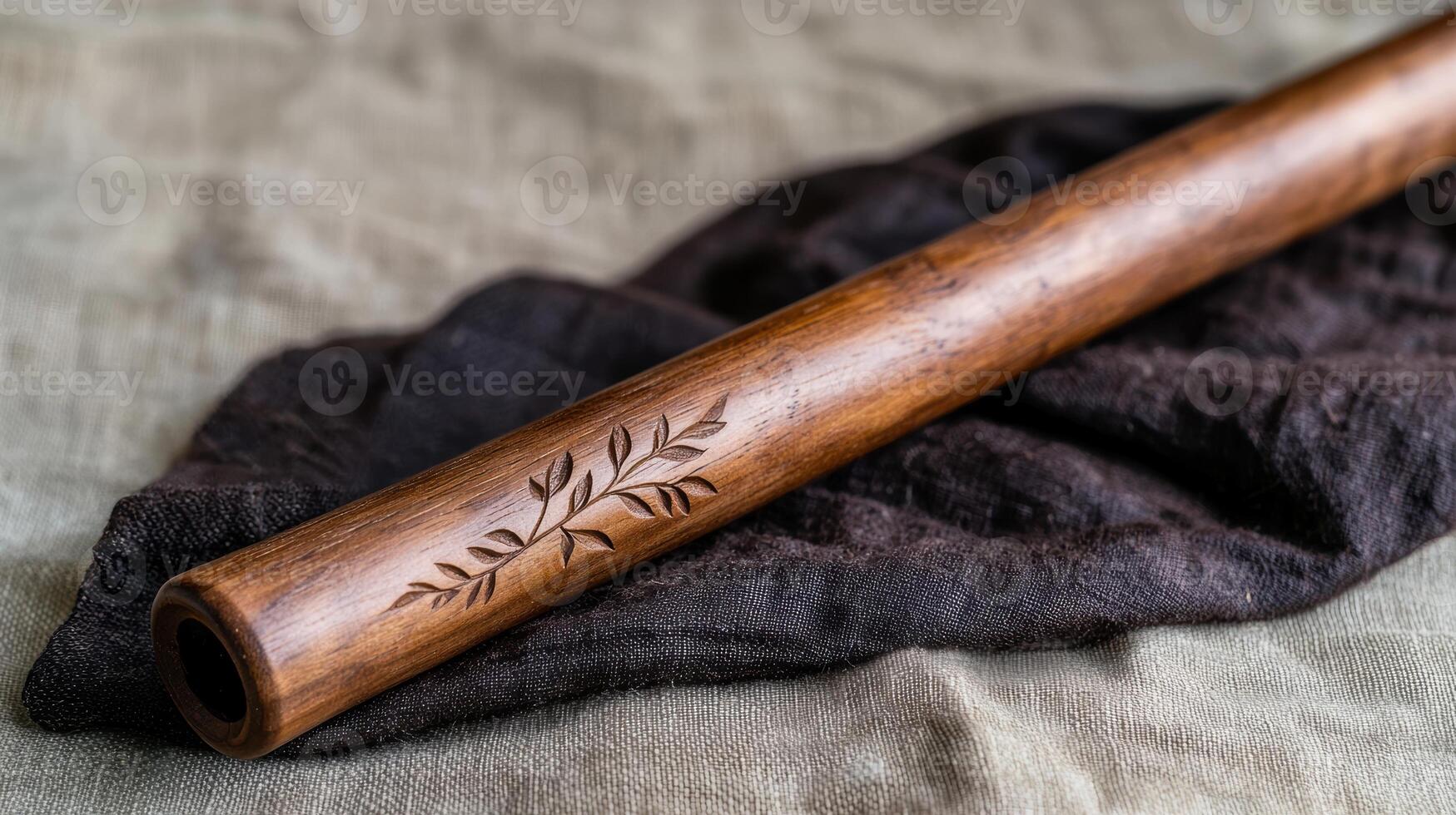 Wooden flute with leaf pattern on black fabric photo