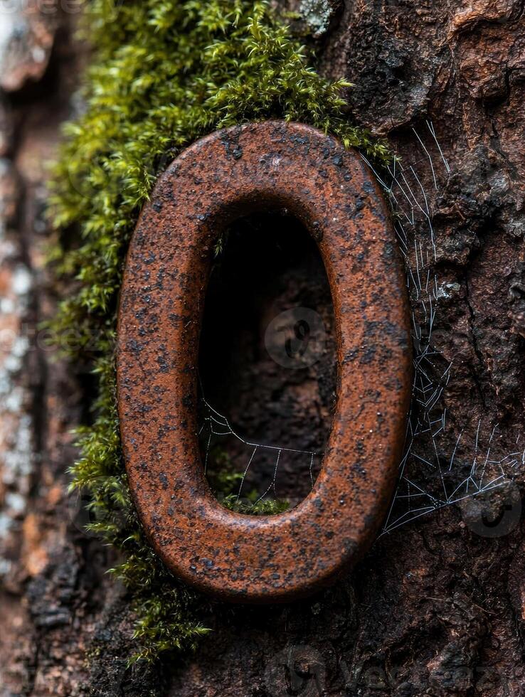 Rusty metal ring on tree trunk with moss photo