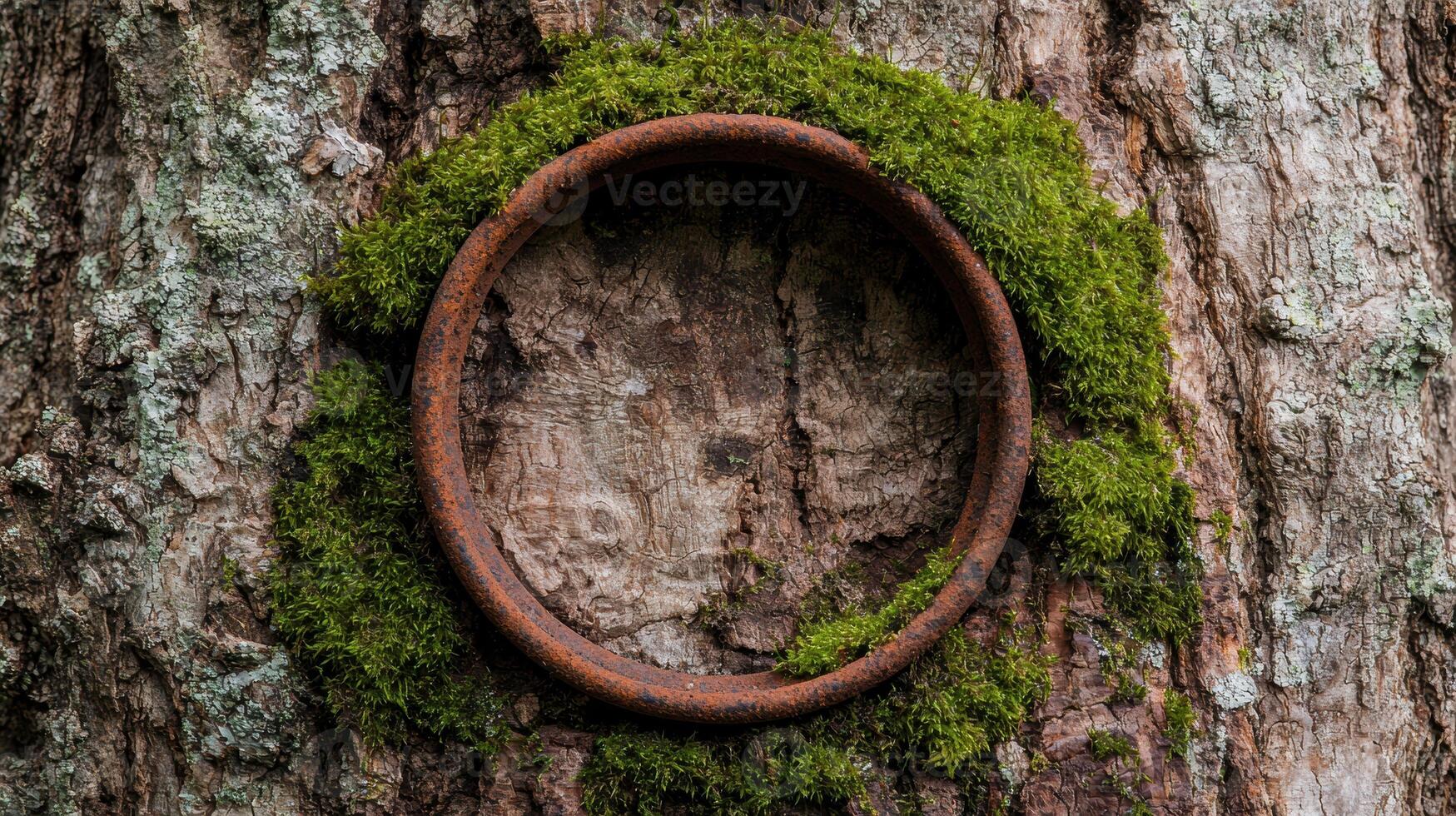 Rusty metal ring on moss covered tree trunk photo