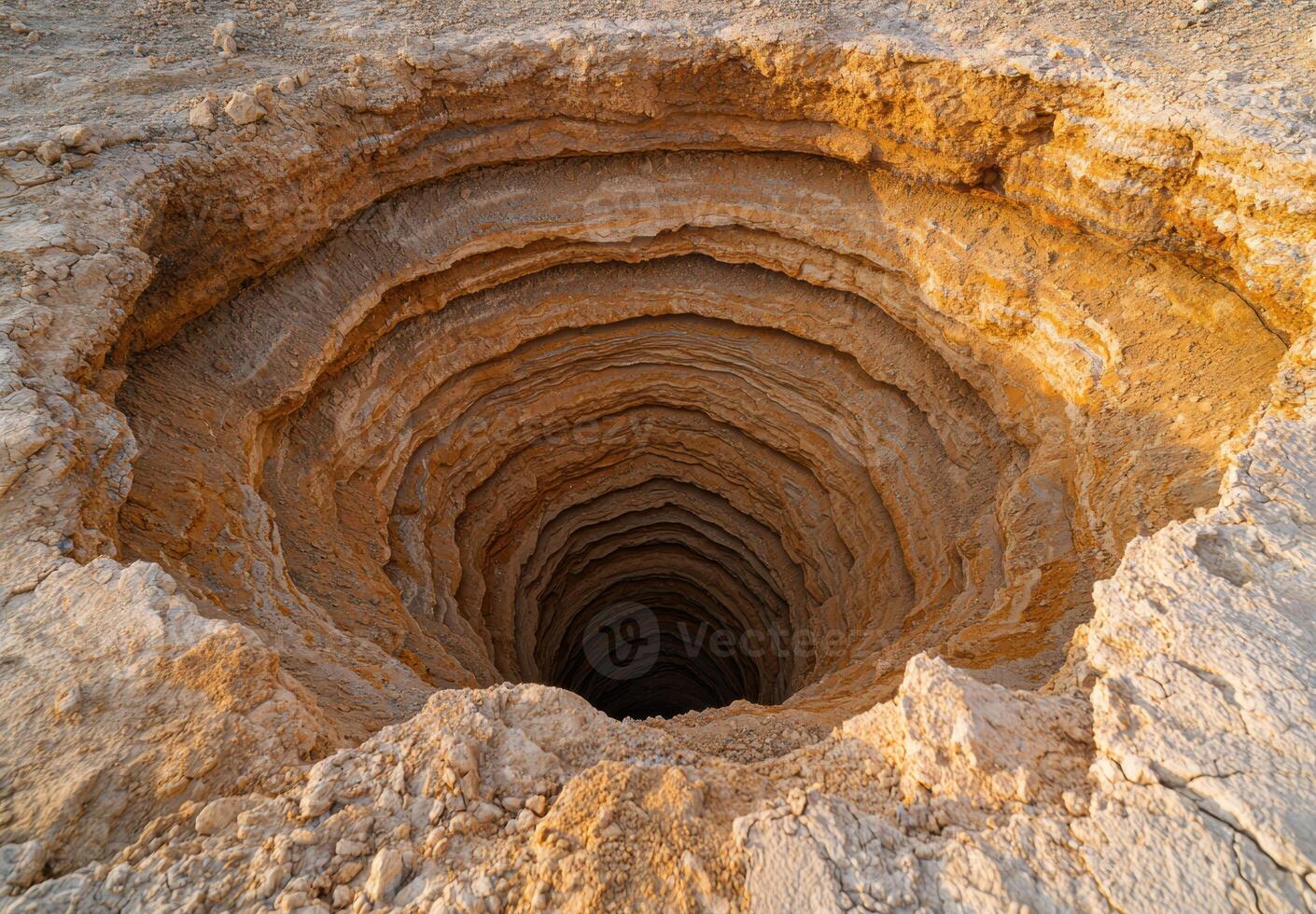Spiral rock formation in desert landscape photo