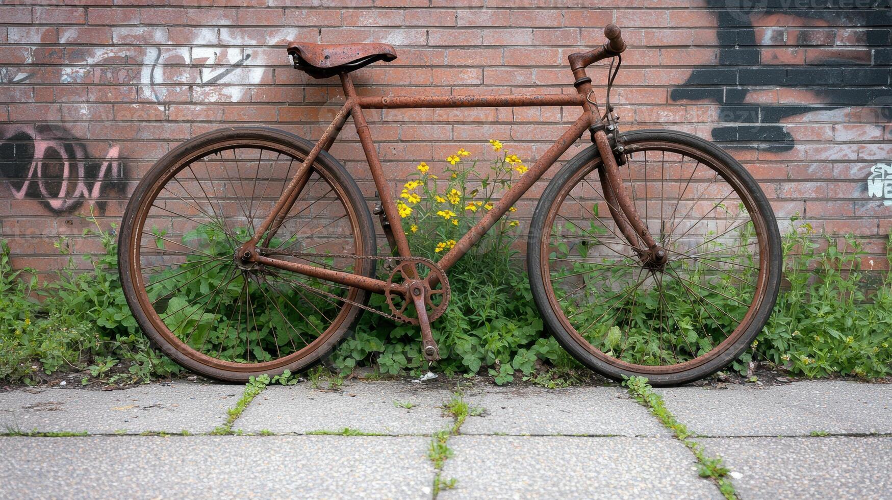 Abandoned vintage bicycle with flowers in urban setting photo