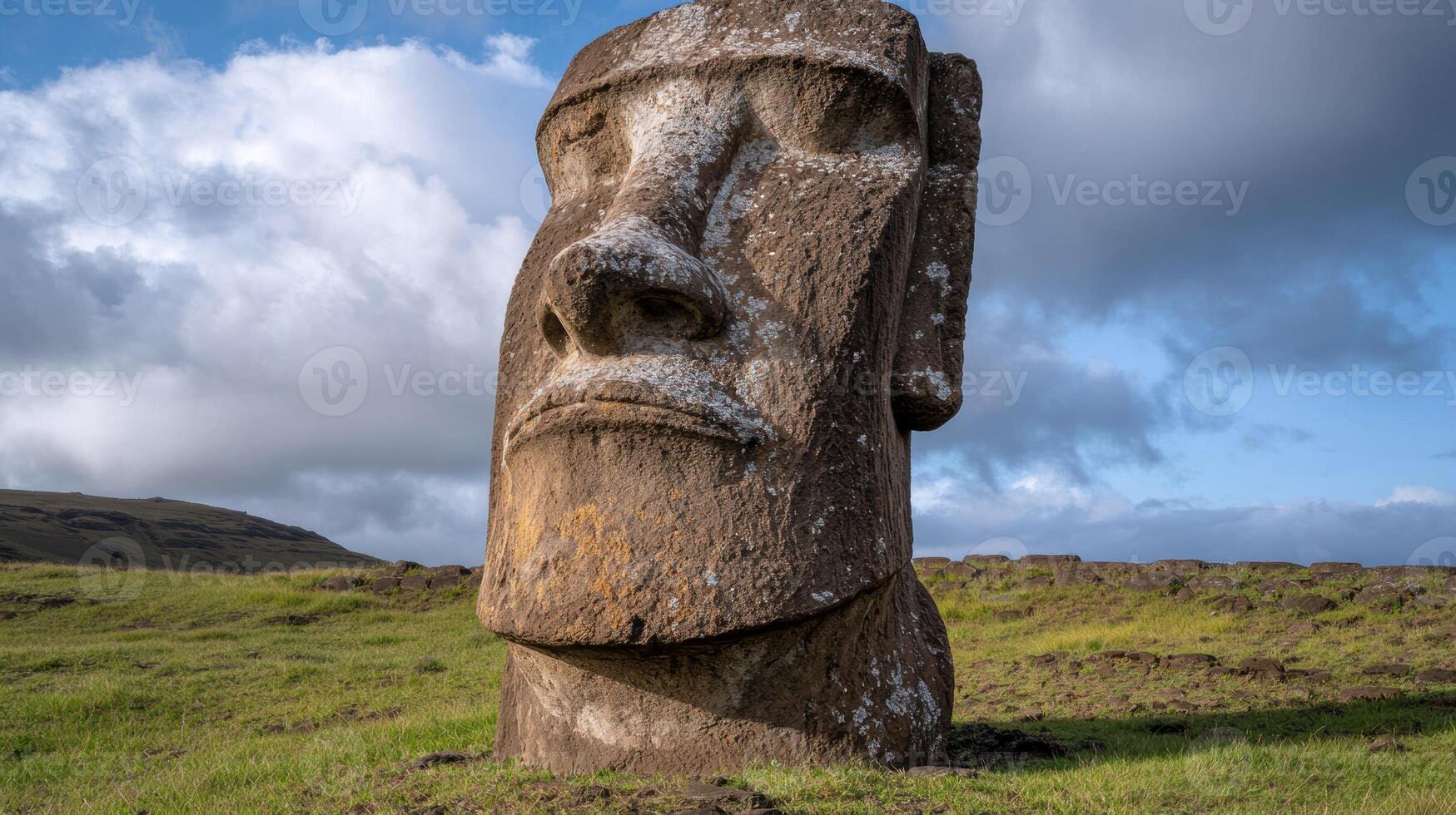 Mysterious stone moai statue on easter island photo