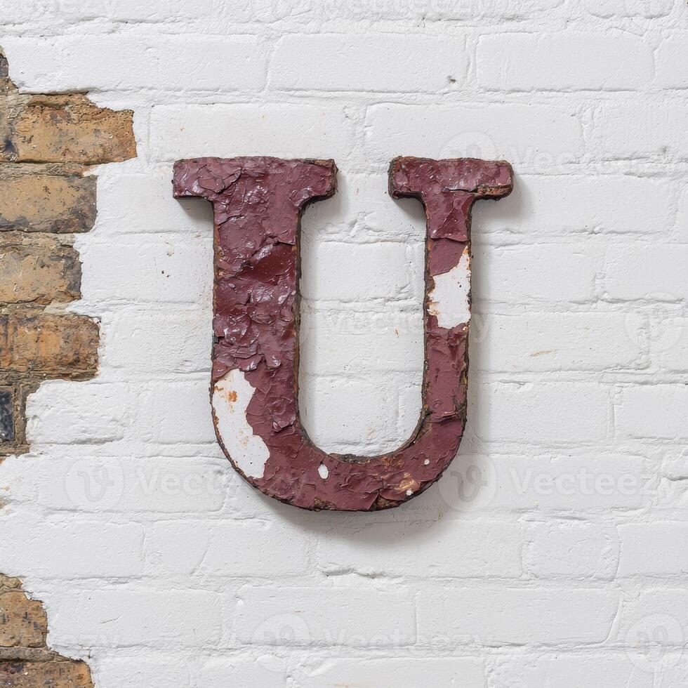 Vintage metal letter u on white brick wall photo