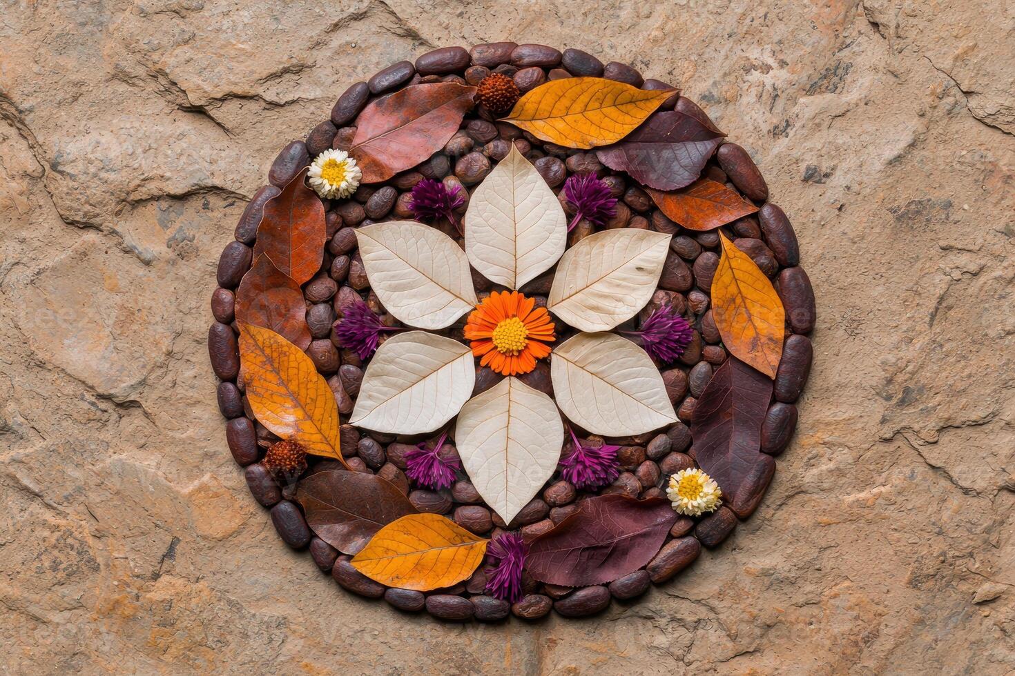 Autumn floral arrangement on rocky surface photo