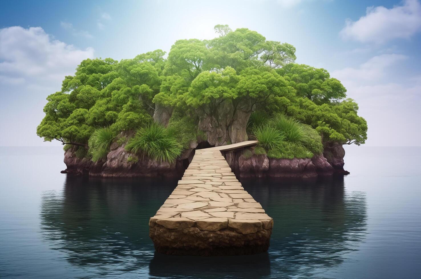 Island in the middle of the ocean, bridge leading to a mysterious destination photo