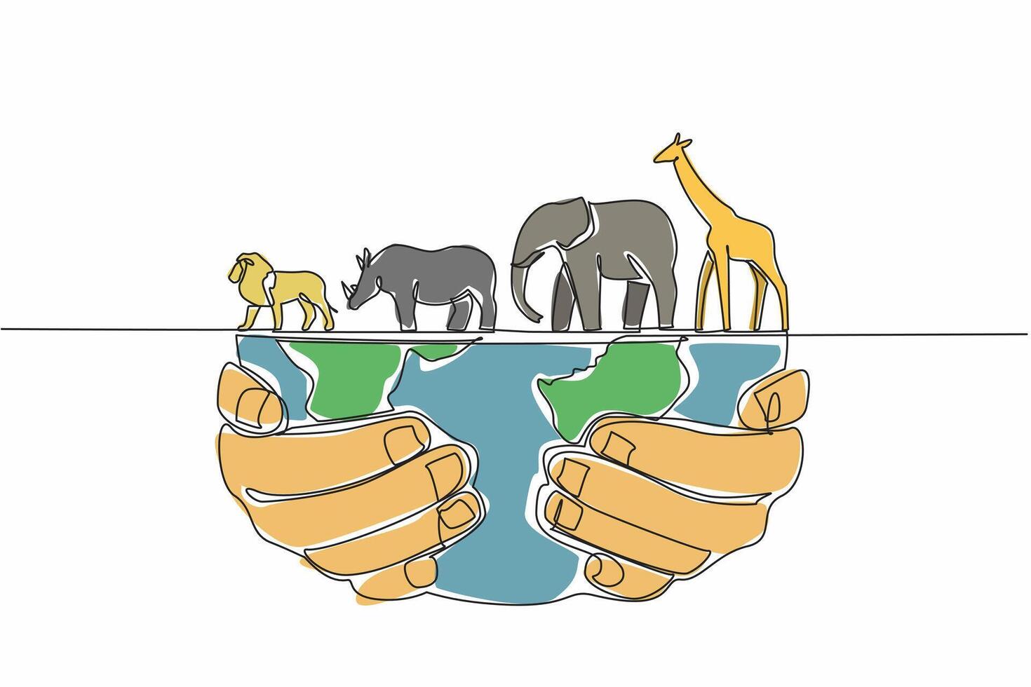 Single one line drawing giraffe, elephant, lion rhino on top of a half-held globe. Diversity of life on planet. Keeping from extinction. World Wildlife Day. Continuous line design graphic illustration vector