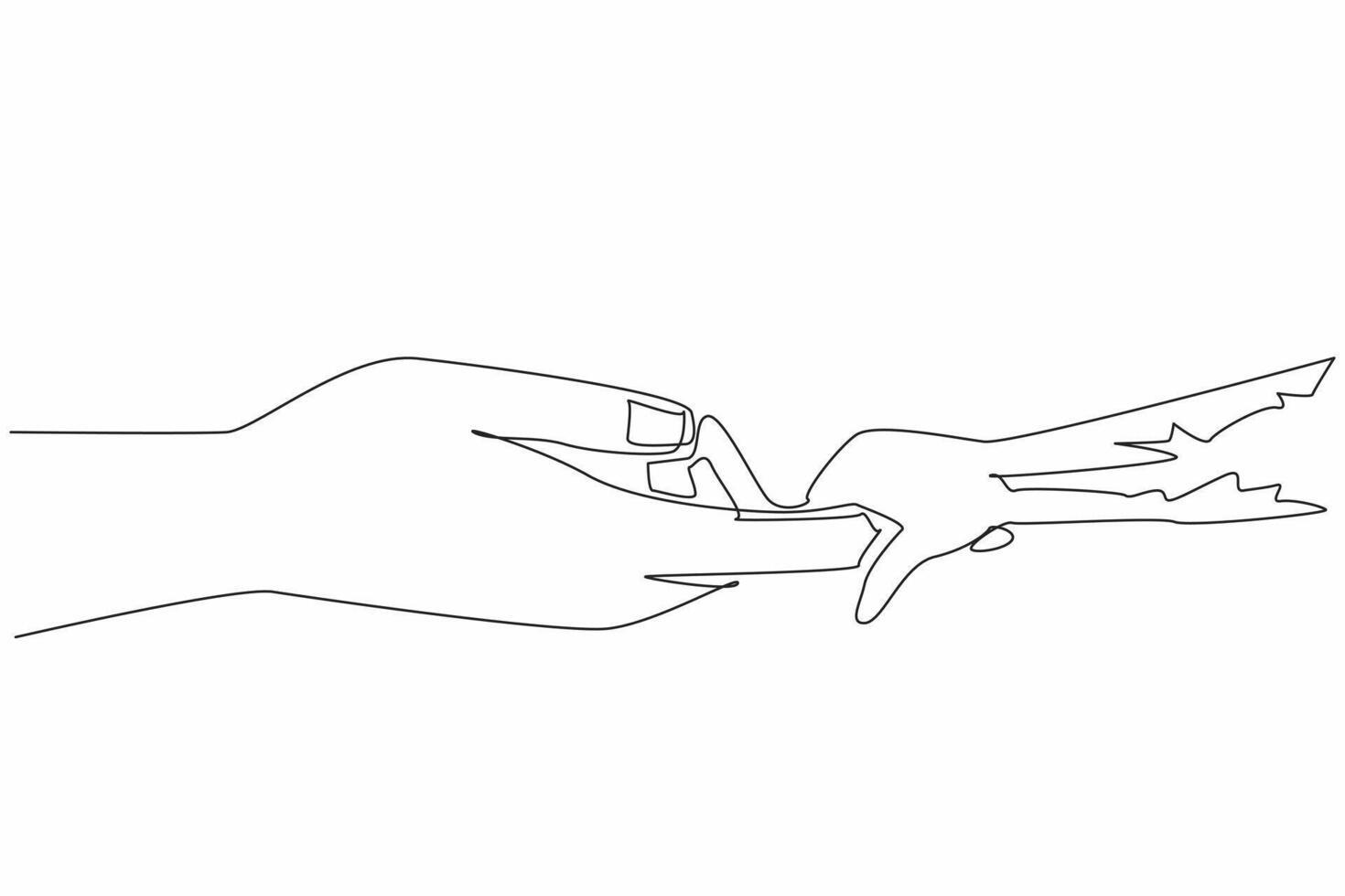 Single one line drawing monkey hand holding human index finger. Humans have the ability to care and protect the natural world. Preserve. World Wildlife Day. Continuous line design graphic illustration vector