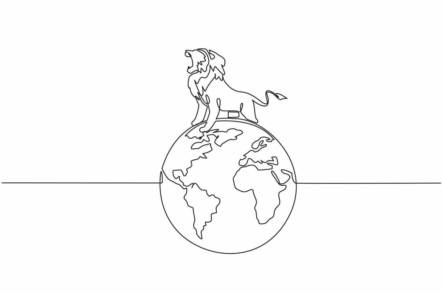 Continuous one line drawing globe with lion on top. Roar. Animal symbol number one. Top of the food chain. Fierce predator. Carnivore. World Wildlife Day. Single line draw design illustration vector