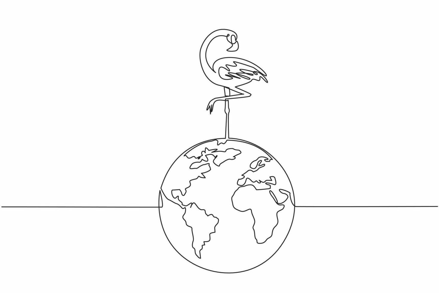 Single continuous line drawing globe with flamingo on top. Avoid lake pollution by disposing of waste in its proper place. Keep habitat clean. World Wildlife Day. One line design illustration vector