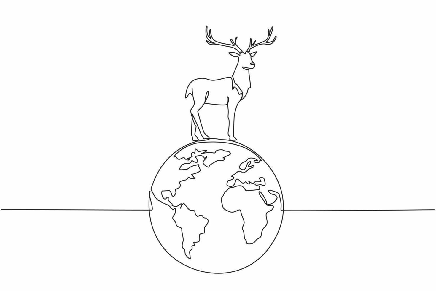 Continuous one line drawing globe with deer on top. Its existence maintains the balance of animal diversity. Hunt or be hunted. Natural. World Wildlife Day. Single line draw design illustration vector