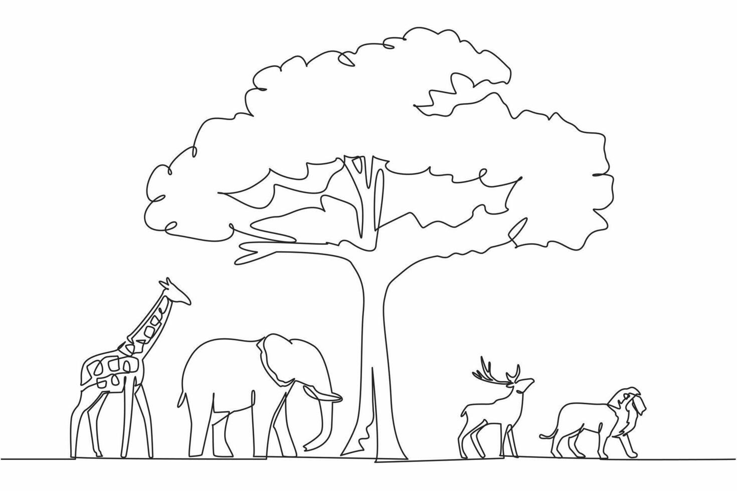 Continuous one line drawing big tree in middle of giraffe, elephant, deer, lion. Shady and leafy trees maintain the balance of nature. World Wildlife Day. Single line draw design illustration. vector