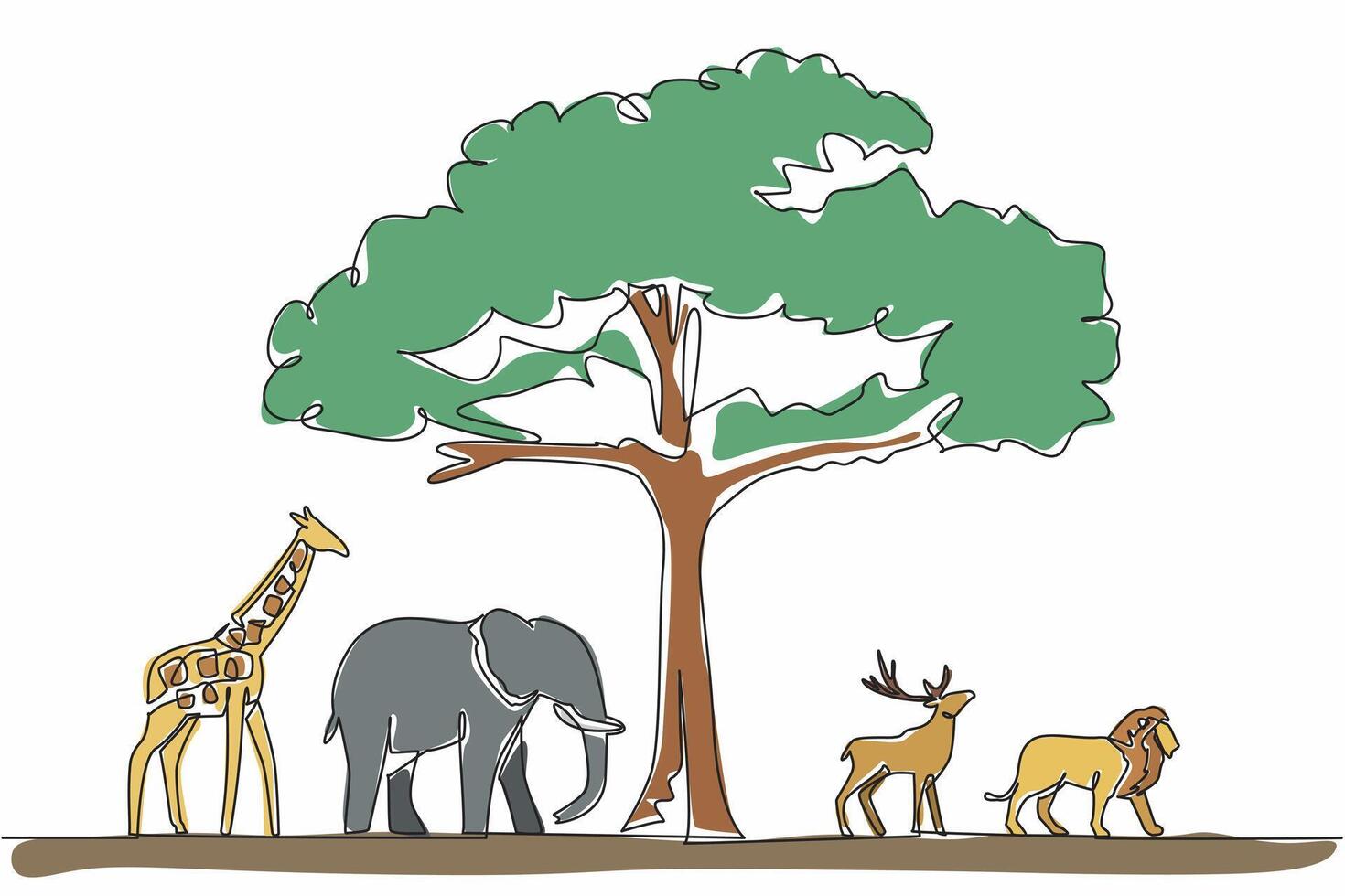 Continuous one line drawing big tree in middle of giraffe, elephant, deer, lion. Shady and leafy trees maintain the balance of nature. World Wildlife Day. Single line draw design illustration. vector