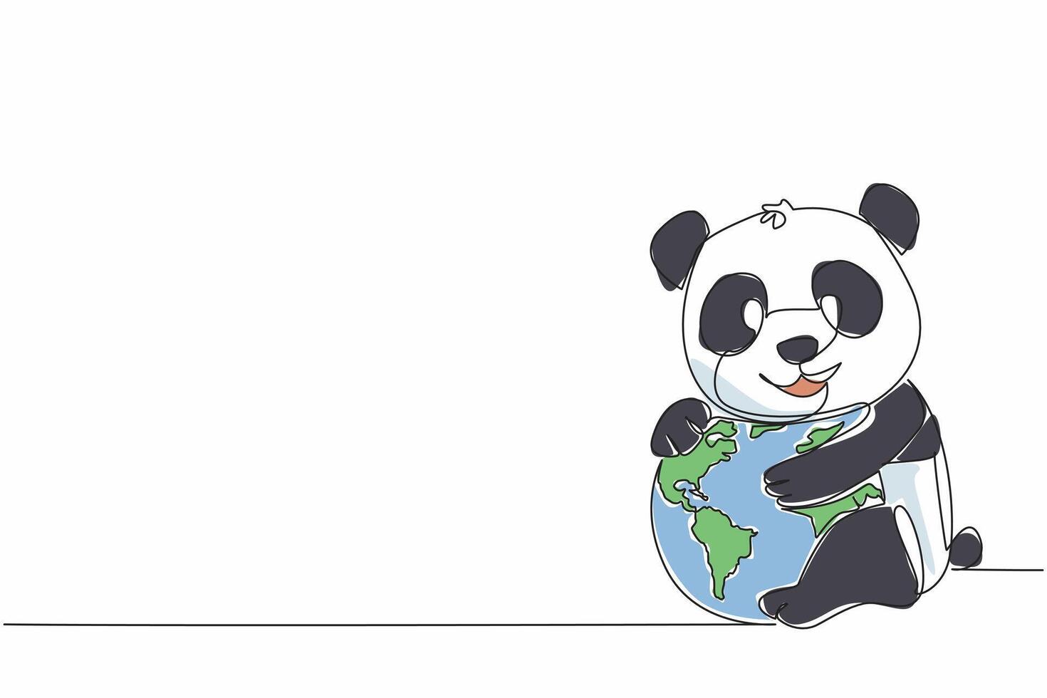 Single continuous line drawing cute lion hugging globe. Stop cutting down bamboo trees at will. Let them live comfortably. Ecosystem. Habitats. World Wildlife Day. One line design illustration vector