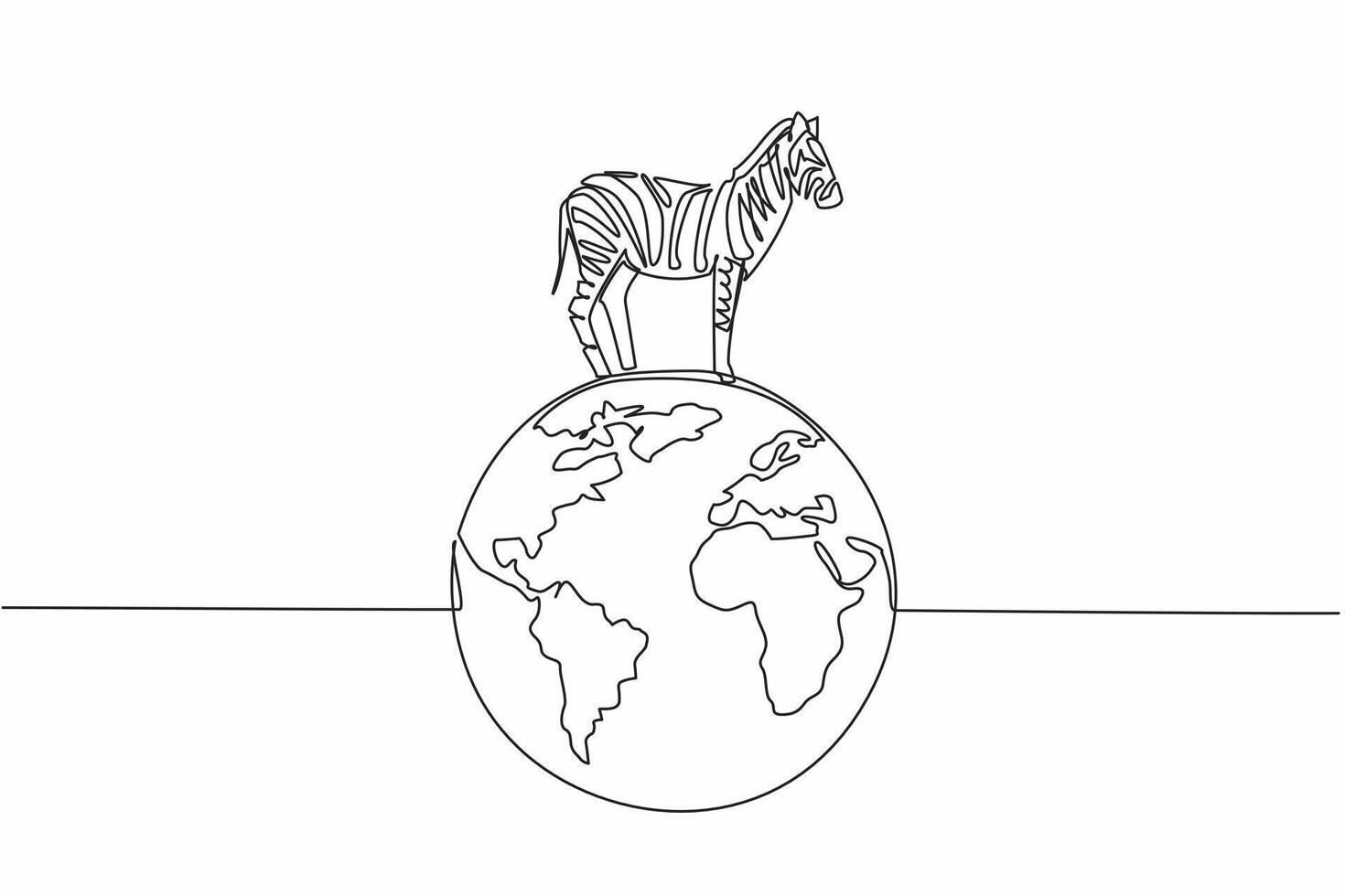 Single one line drawing globe with zebra on top. Environmental conservation is needed to keep them from becoming extinct. Good habitat. World Wildlife Day. Continuous line design graphic illustration vector