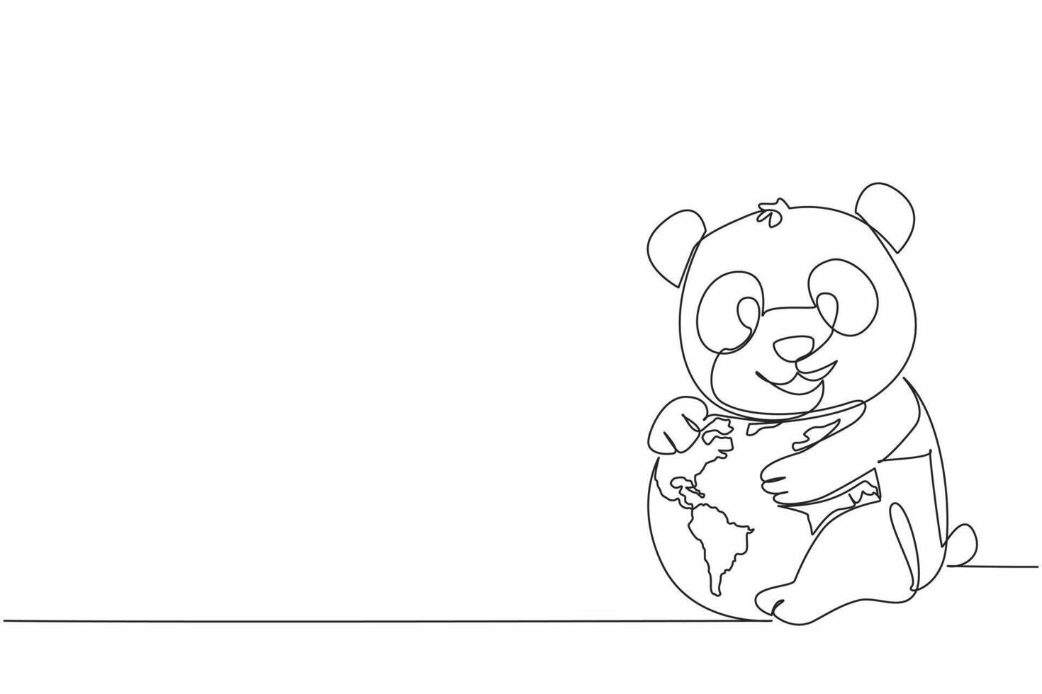 Single continuous line drawing cute lion hugging globe. Stop cutting down bamboo trees at will. Let them live comfortably. Ecosystem. Habitats. World Wildlife Day. One line design illustration vector