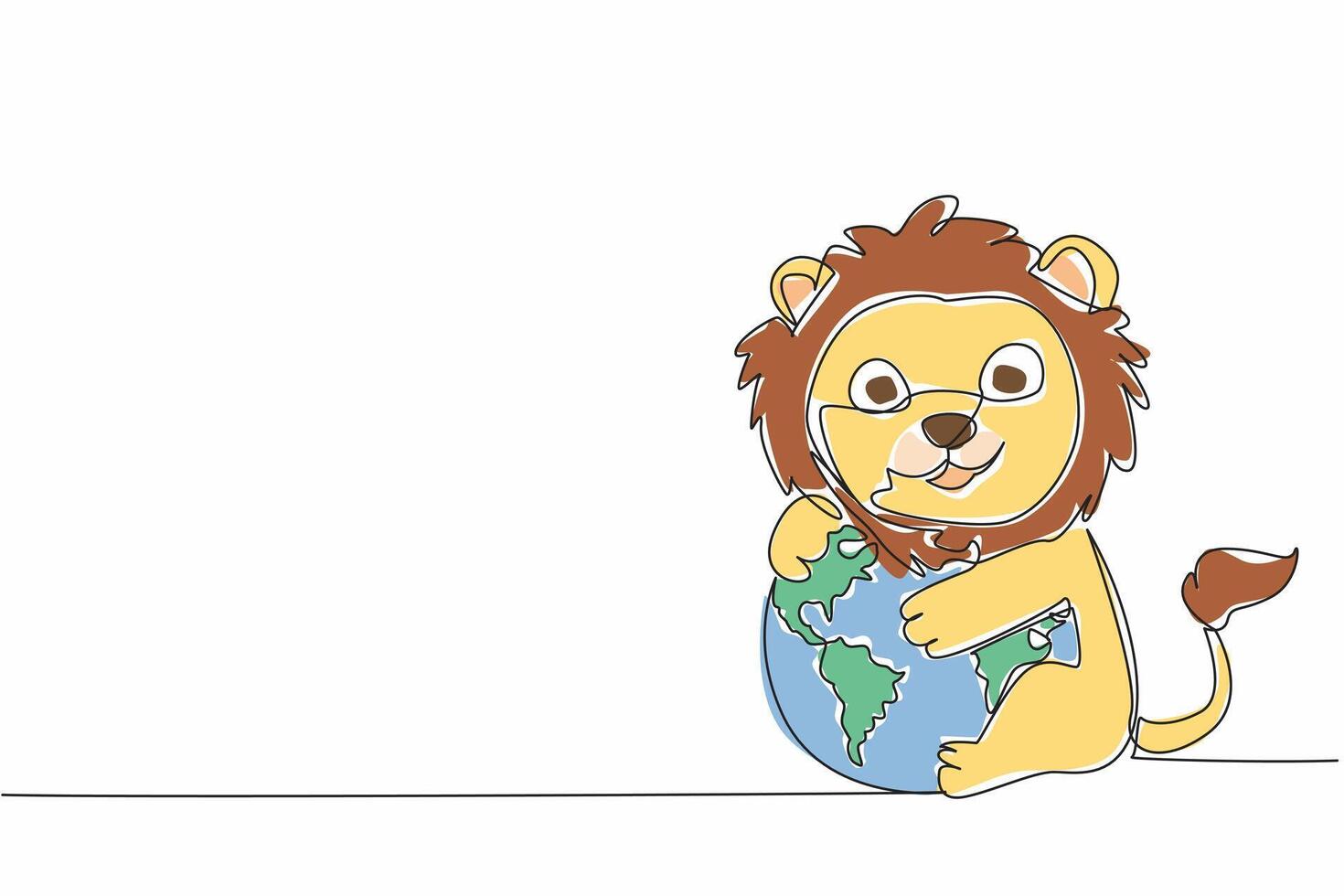 Single one line drawing cute lion hugging globe. Stop destroying nature. For sake of sustainability of the food chain. Avoid extinction World Wildlife Day. Continuous line design graphic illustration vector