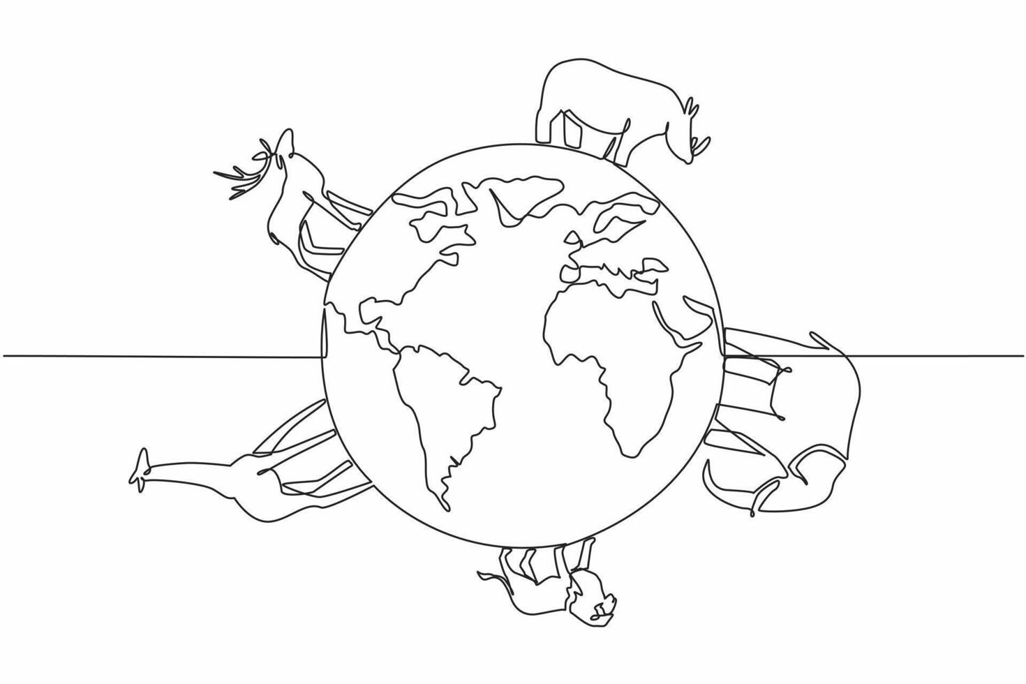 Continuous one line drawing giraffes, elephants, deer, lions, rhinoceros surround globe. Diversity of animals on this beautiful earth. World Wildlife Day. Single line draw design illustration vector
