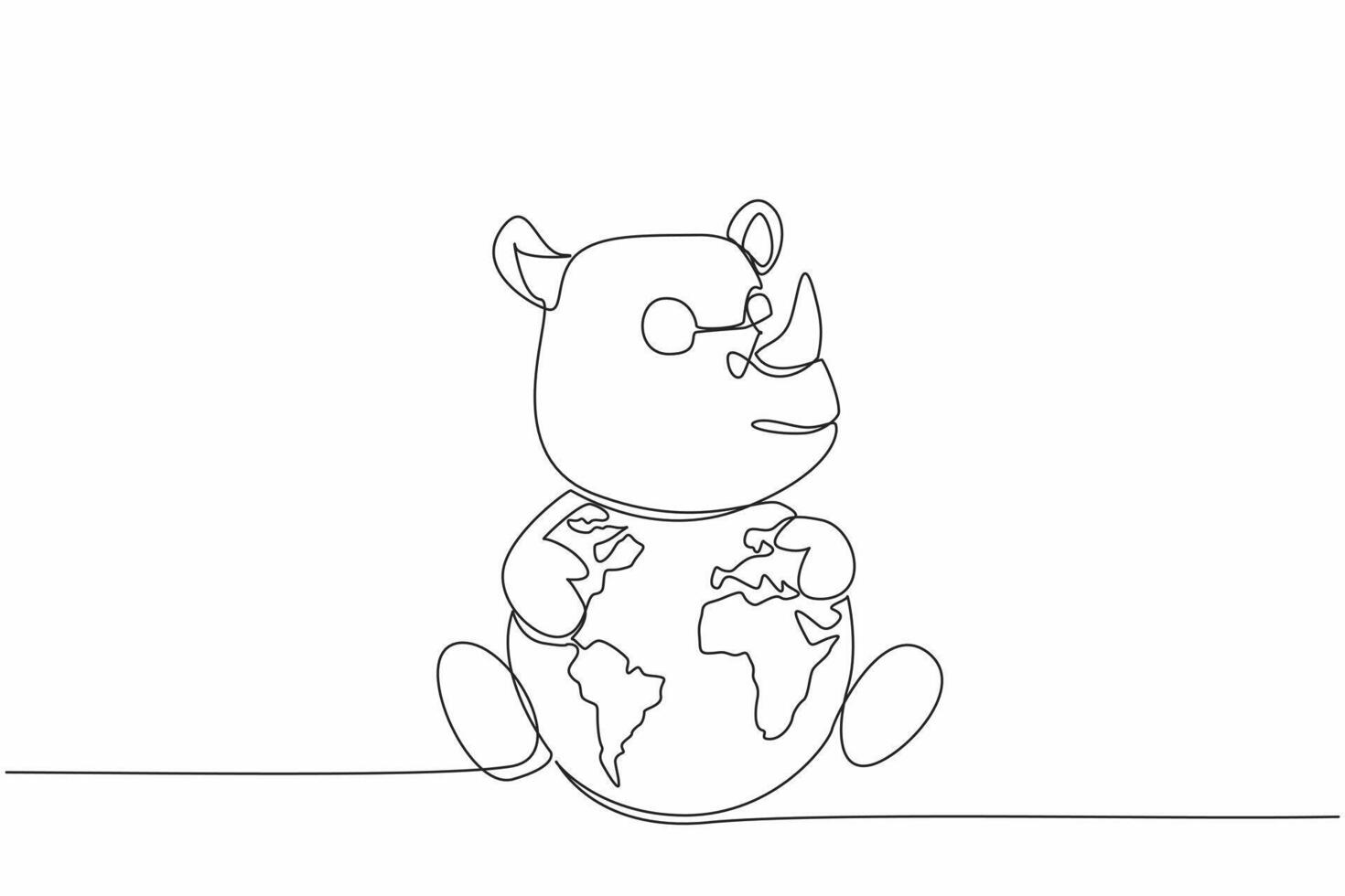 Single one line drawing cute rhinoceros hugging globe. Stop illegal logging. The beautiful nature keeps them from becoming extinct. World Wildlife Day. Continuous line design graphic illustration vector