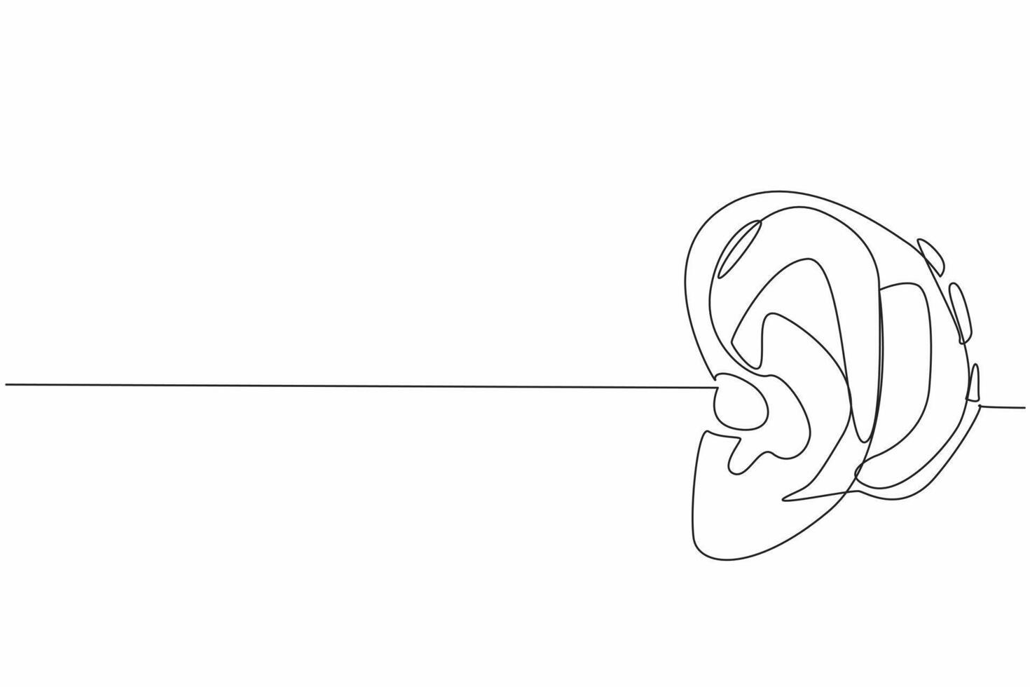 Single one line drawing ear attached to hearing aid. Progress of times along with the development of technology. Helps to amplify sound. World Hearing Day. Continuous line design graphic illustration vector