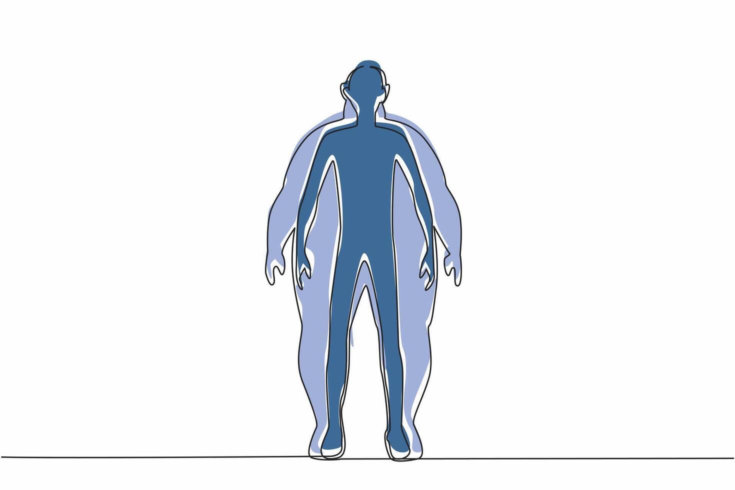 Single continuous line drawing silhouette of a slim body woman inside fat body silhouette. Struggling to achieve ideal body standards in society. World Obesity Day. One line design illustration vector