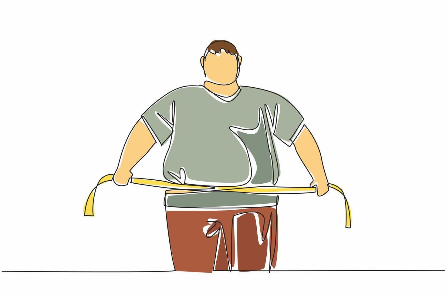 Single one line drawing obese man wrapped in measuring tape. The stomach is swollen and sagging. Maintain a diet. Increase exercise. World Obesity Day. Continuous line design graphic illustration vector