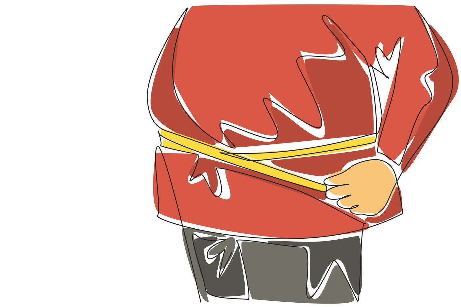 Single one line drawing obese stomach wrapped in measuring tape. Fat man in action. Strict diet for an ideal body. Try the best. Fatness. World Obesity Day. Continuous line design graphic illustration vector