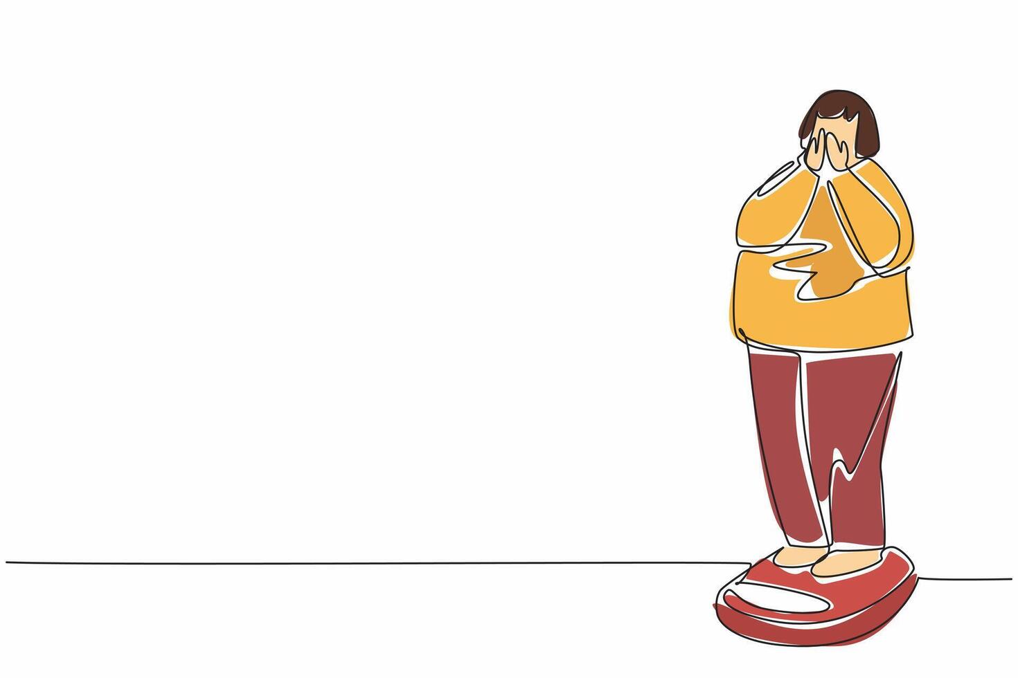 Continuous one line drawing obese woman weighing herself on a scale. Feelings of shame. Feelings of disbelief. Being too fat. Inferior. World Obesity Day. Single line draw design illustration vector