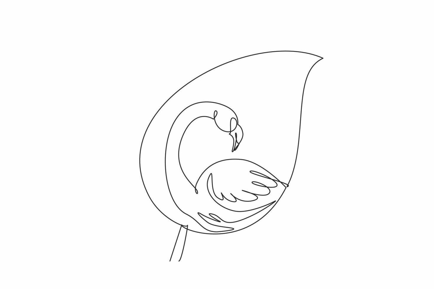 Single continuous line drawing flamingo head and body in the middle of the leaf. Do not disturb the balance of nature. Let it grow and develop. World Wildlife Day. One line design illustration vector