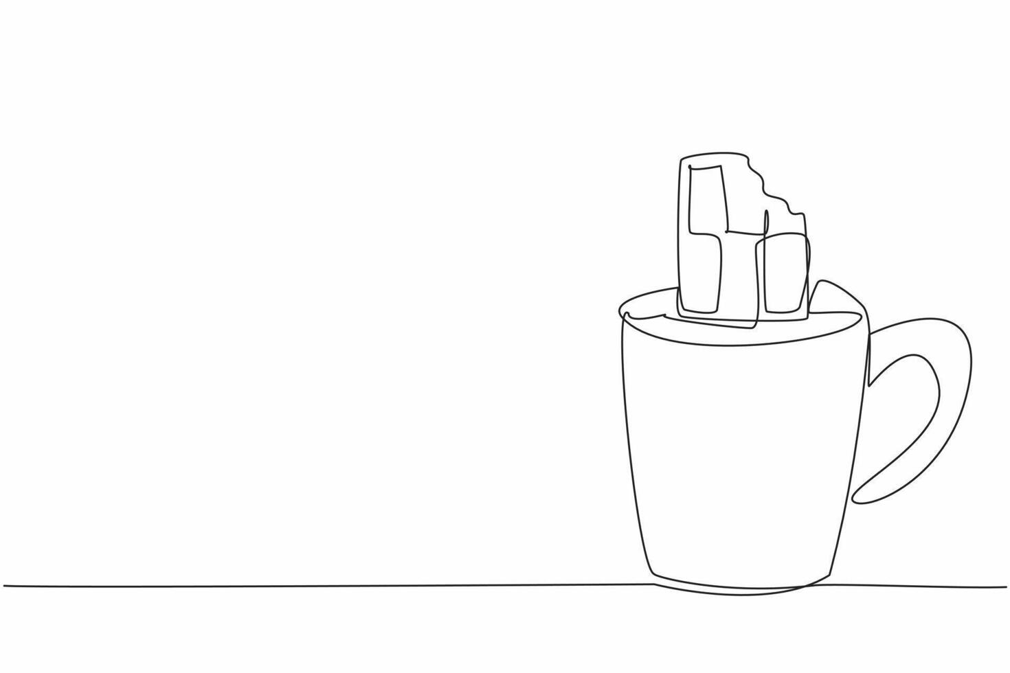 Continuous one line drawing mug containing chocolate drink and chocolate bar. A drink and a snack at the same time. Relaxing. National Hot Chocolate Day. Single line draw design illustration vector