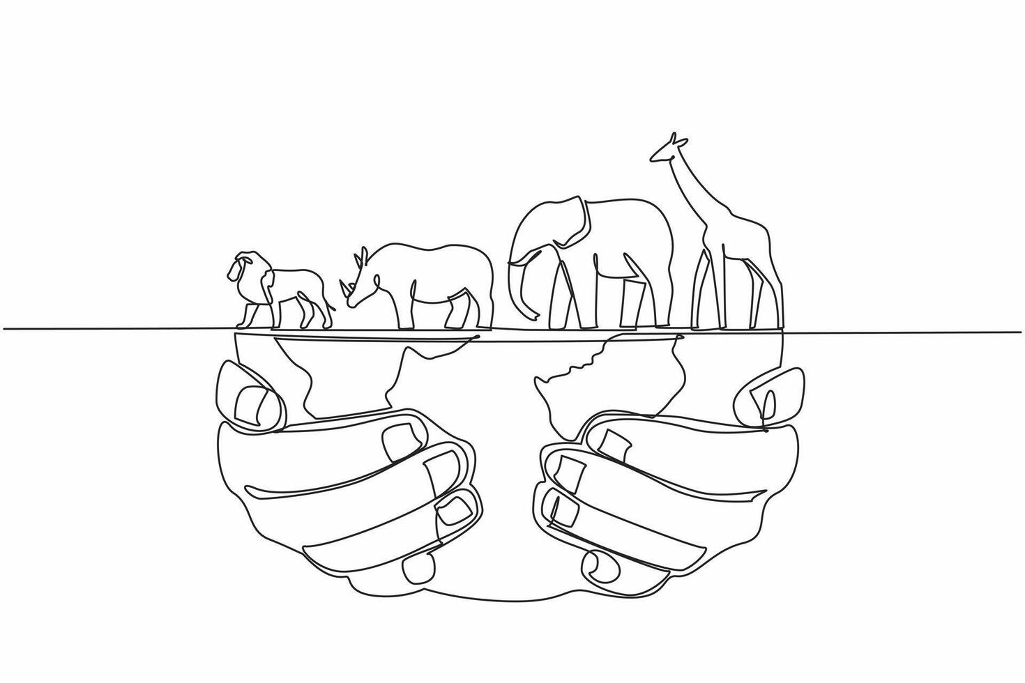 Single one line drawing giraffe, elephant, lion rhino on top of a half-held globe. Diversity of life on planet. Keeping from extinction. World Wildlife Day. Continuous line design graphic illustration vector