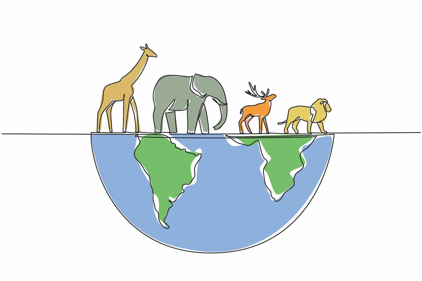 Single continuous line drawing giraffe, elephant, deer and lion on half globe. Some of the most populous animals on earth. Nature. Conservation. World Wildlife Day. One line design illustration vector
