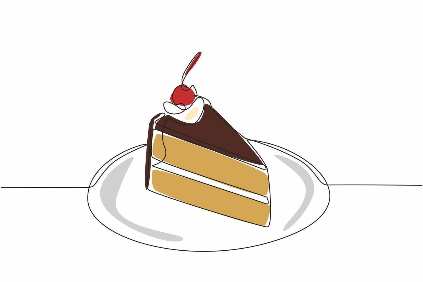 Single continuous line drawing slices of chocolate cake topped with cream and cherry. A very delicious chocolate dish. Celebration. National Chocolate Cake Day. One line design illustration vector