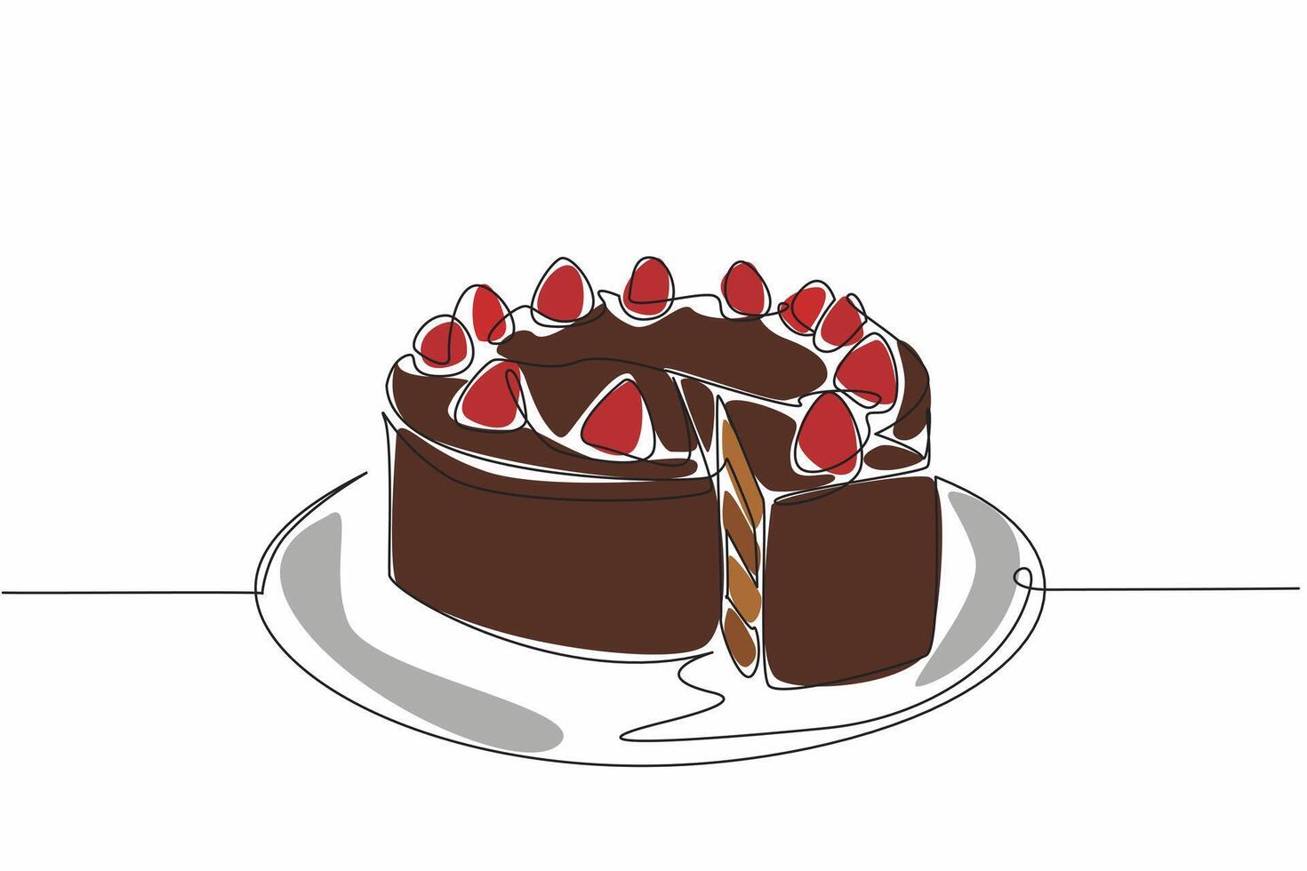 Single one line drawing round chocolate cake with strawberry topping. One piece for loved ones first. Sweet and soft in mouth. National Chocolate Cake Day. Continuous line design graphic illustration vector