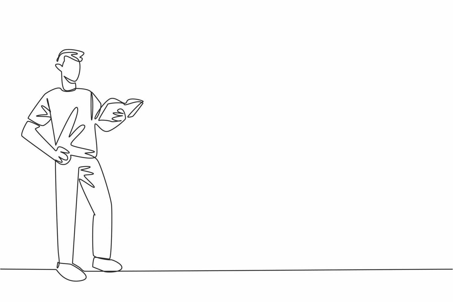 Single continuous line drawing man standing holding a book and reading it. Reading literature books. Poetry. Novels. Expressive. Appreciation. World Read Aloud Day. One line design illustration vector