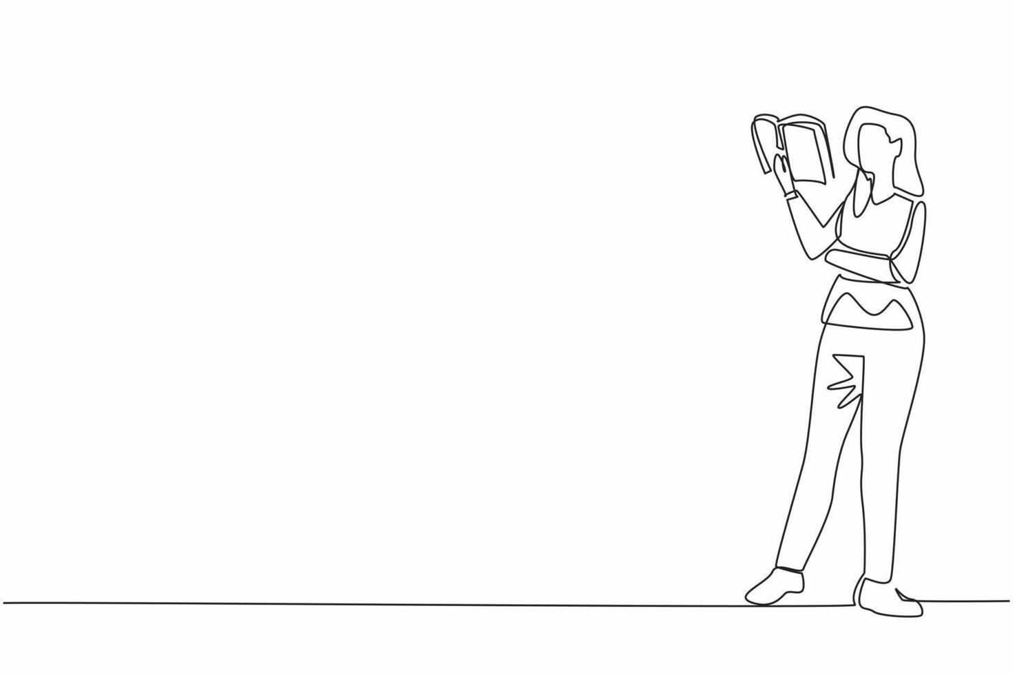 Continuous one line drawing woman standing while reading book. Stage of art performance. Expressing what is read. Excerpt of a poem. World Read Aloud Day. Single line draw design illustration vector