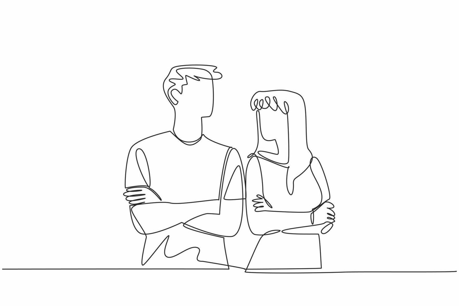 Single one line drawing man and woman in casual clothes look at each other. Love language from eye contact. Understanding each other. National Spouses Day. Continuous line design graphic illustration vector