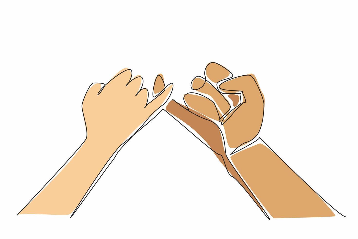 Continuous one line drawing two hands holding pinkies together. Saying sacred vows. Promising to complete each other. Perfect love. National Spouses Day. Single line draw design illustration vector
