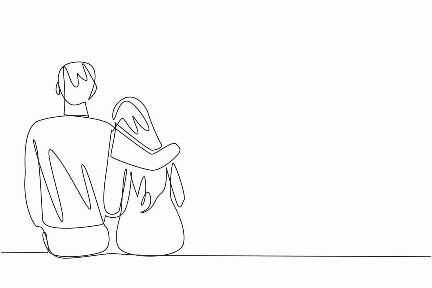 Continuous one line drawing man embracing his female partner who is sitting. Calming. Eliminates anxiety. Support the beloved woman. National Spouses Day. Single line draw design illustration vector