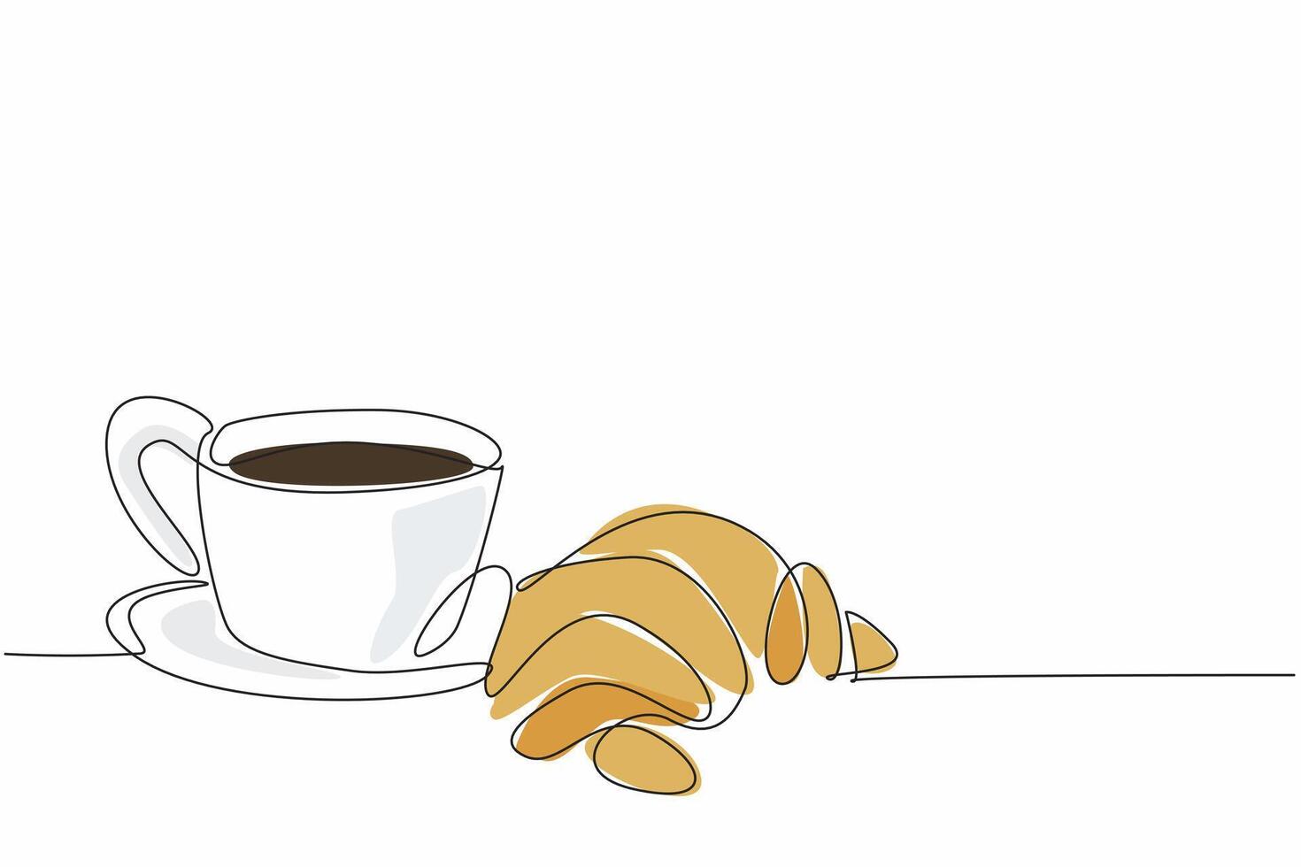 Continuous one line drawing croissant with coffee cup. Drowsiness reliever. Get ready to face heavy overtime. Encourager. Full. National Croissant Day. Single line draw design illustration vector