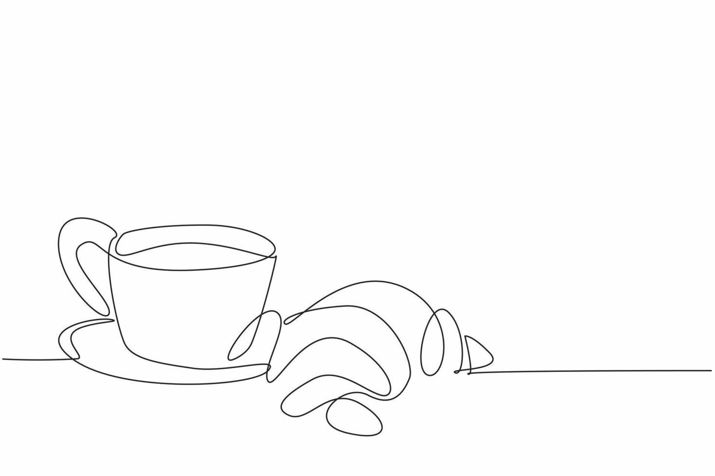 Continuous one line drawing croissant with coffee cup. Drowsiness reliever. Get ready to face heavy overtime. Encourager. Full. National Croissant Day. Single line draw design illustration vector