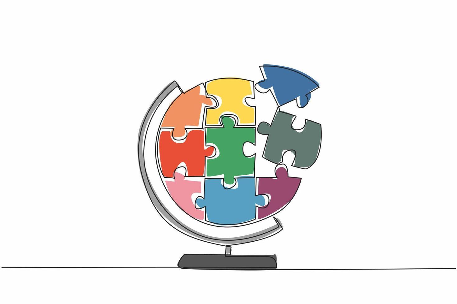 Single one line drawing a puzzle piece in shape of globe. Play while learning. Get to know the world through games. Sharpen the brain. National Puzzle Day. Continuous line design graphic illustration vector
