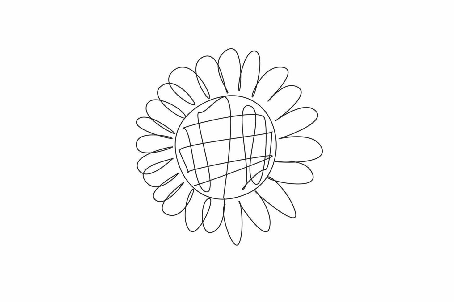 Continuous one line drawing sunflower seen close up. Details and patterns are visible. Flower symbol of loyalty. Flower of spiritual guidance. Kansas Day. Single line draw design illustration vector