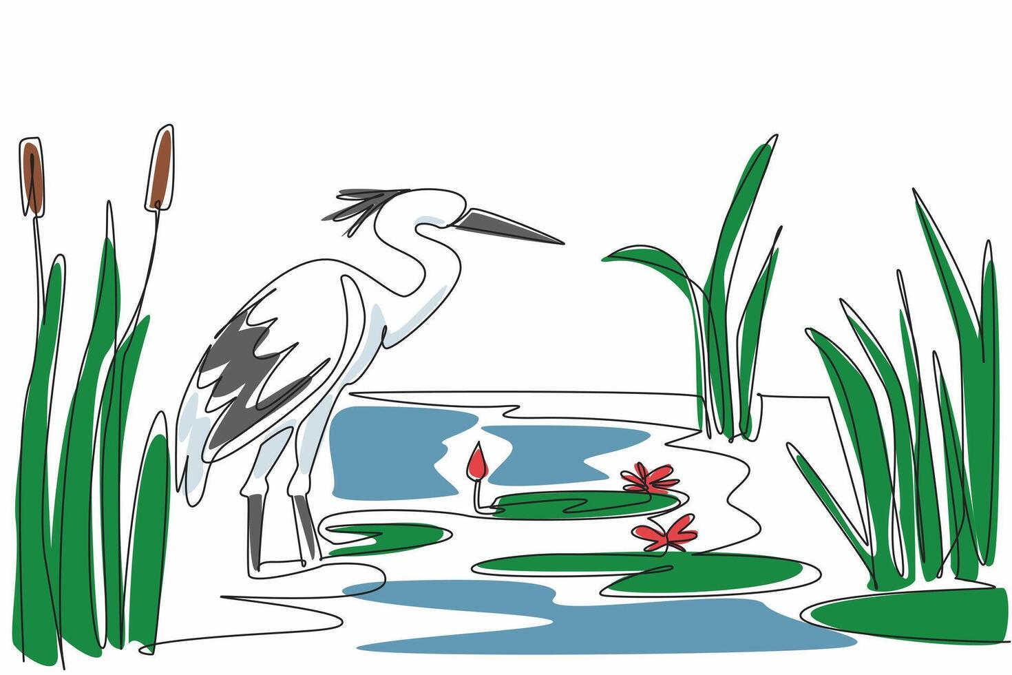 Single one line drawing stork standing on the lake. Wild grass growing around it. Beautiful twilight atmosphere. Habitat. Ecosystem. World Wetlands Day. Continuous line design graphic illustration vector