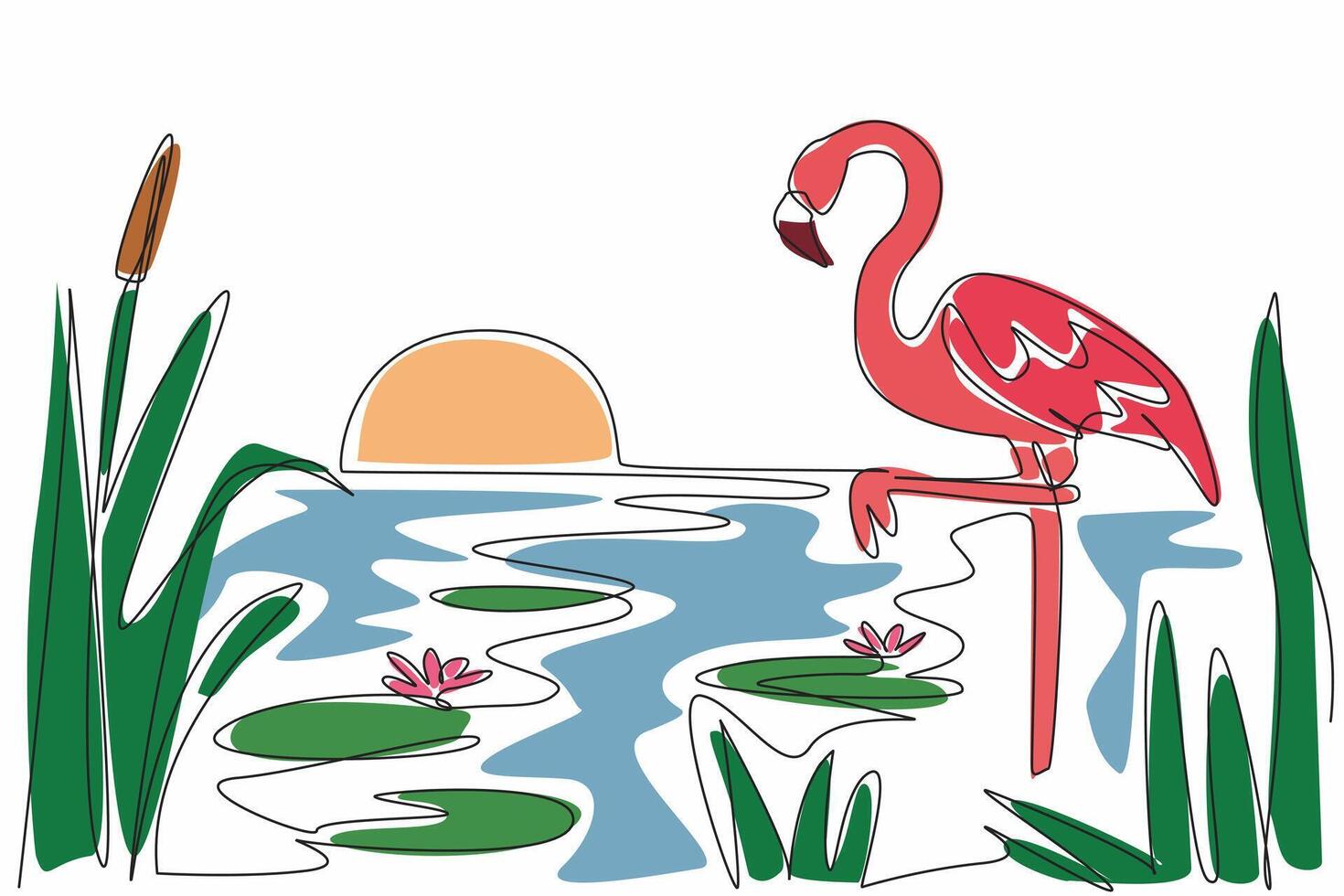 Single continuous line drawing flamingo bird standing on the lake with sunset view. Amazing view towards evening. Environmental. Ecosystem. World Wetlands Day. One line design illustration vector