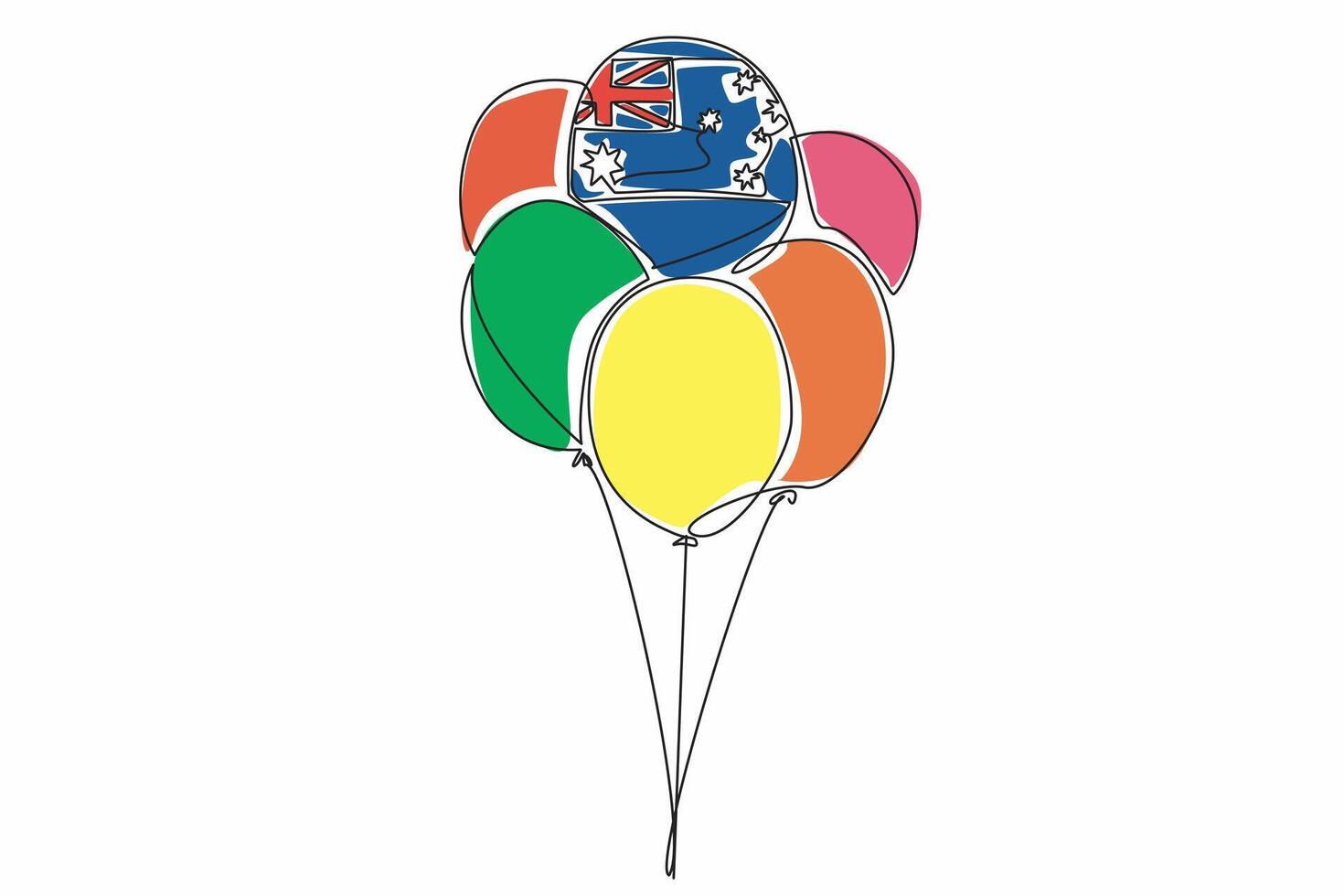 Continuous one line drawing Australian flag patterned balloon among several balloons. Balloon festival in the capital. Celebration. Nation. Australia Day. Single line draw design illustration vector