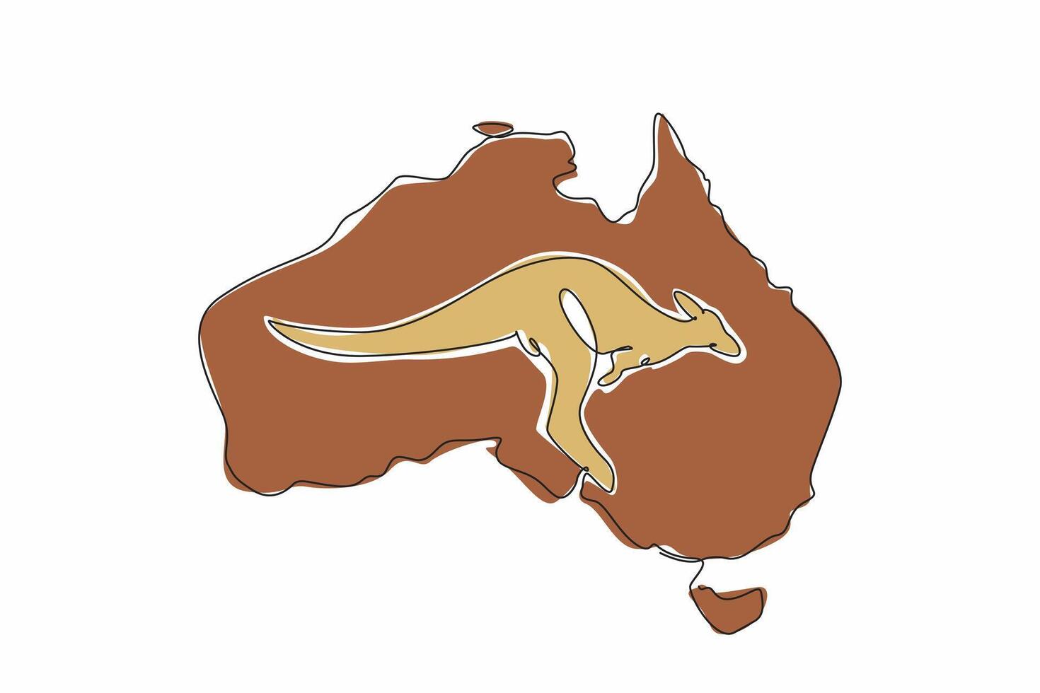 Single continuous line drawing kangaroo in the middle of the map of the Australian continent. A marsupial that can jump very far. Signature animals. Australia Day. One line design illustration vector