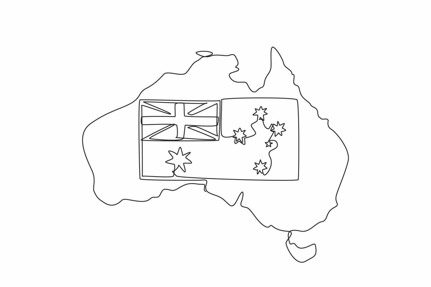 Single continuous line drawing Australian flag in the middle of the map of Australian continent. Annual celebration. Festive festival. The splendor. Australia Day. One line design illustration vector