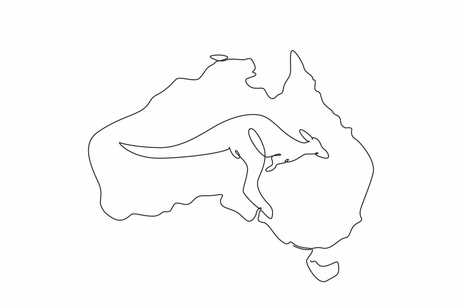 Single continuous line drawing kangaroo in the middle of the map of the Australian continent. A marsupial that can jump very far. Signature animals. Australia Day. One line design illustration vector