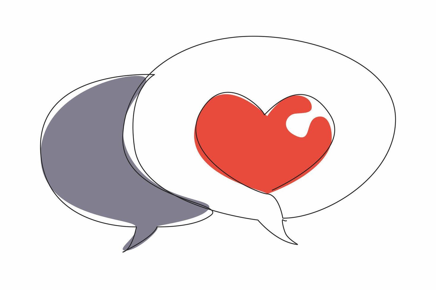 Single continuous line drawing two stacked callouts, one of which has a heart symbol. Expression of feelings. Praise. Affection. Love. National Screenwriters Day. One line design illustration vector